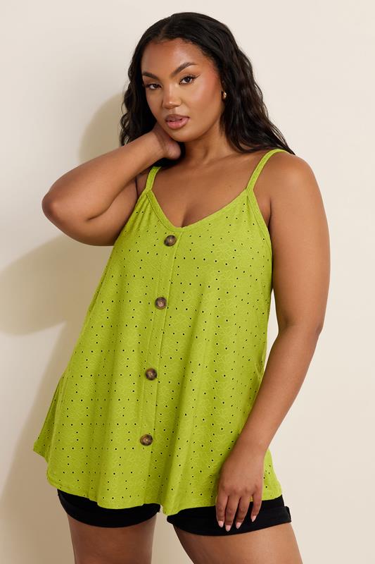 Yours YOURS Curve Green Broderie Anglaise Button Front Cami Top