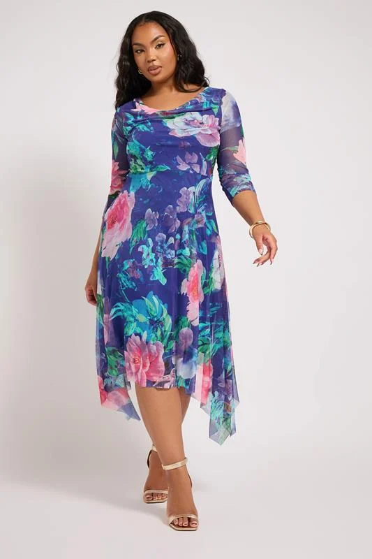 Yours London YOURS LONDON Curve Blue Floral Asymmetric Cowl Neck Mesh Dress