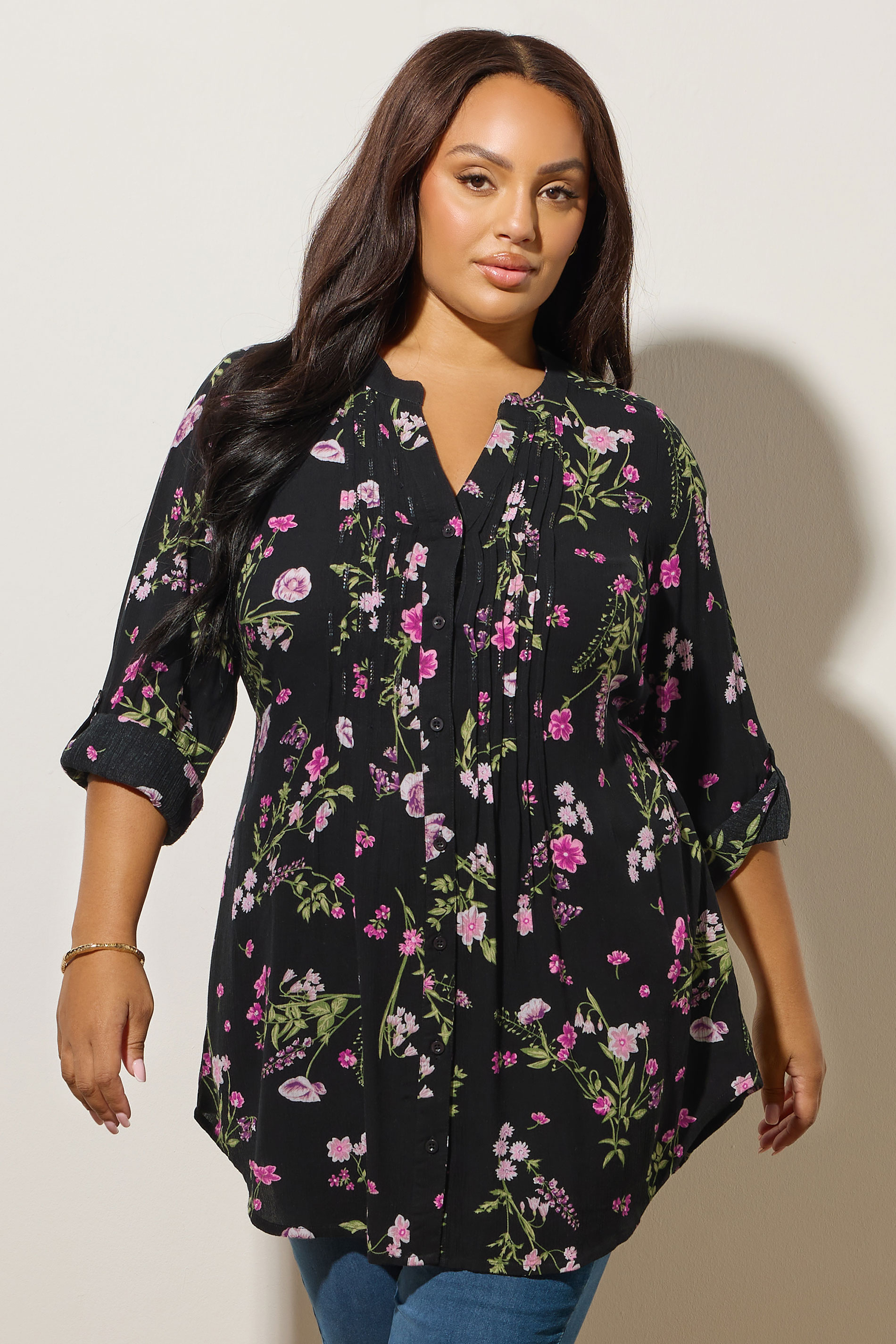 Yours YOURS Curve Black Floral Print Pintuck Blouse