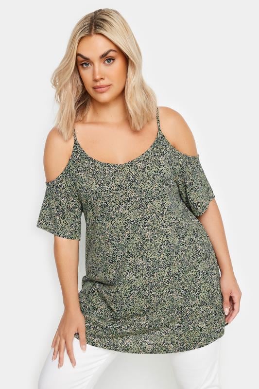 Yours YOURS Curve Khaki Green Animal Print Cold Shoulder Top