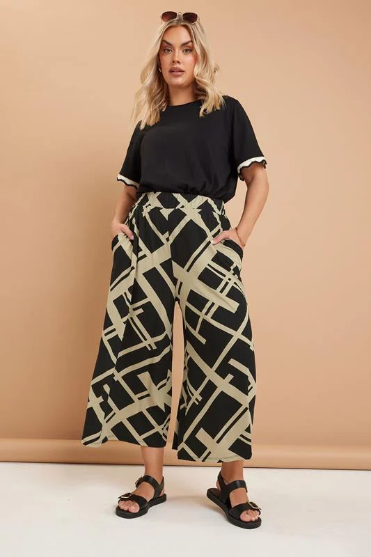 Yours YOURS Curve Black Geometric Print Midaxi Culottes