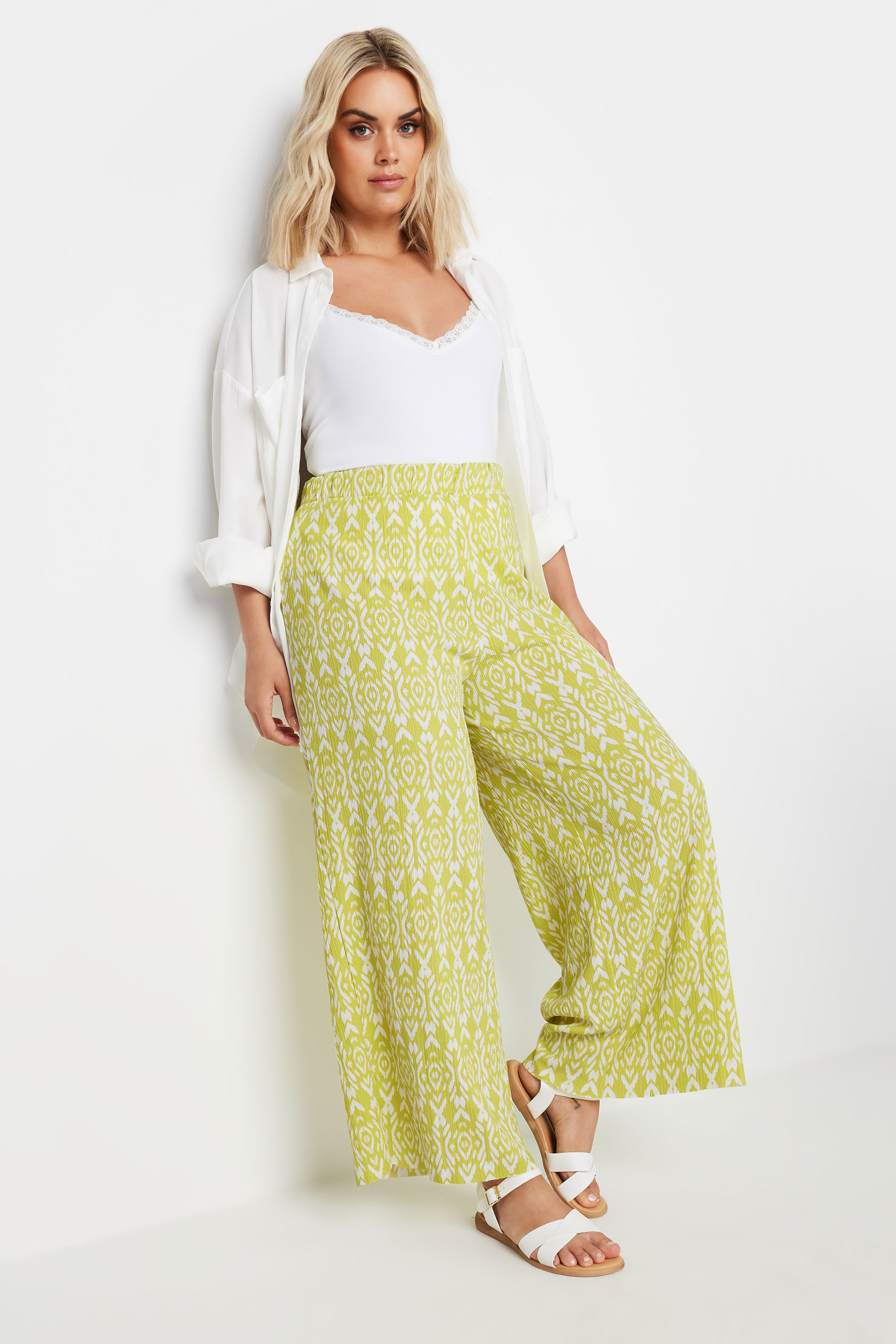 Yours YOURS Curve Yellow Ikat Print Textured Wide Leg Trousers