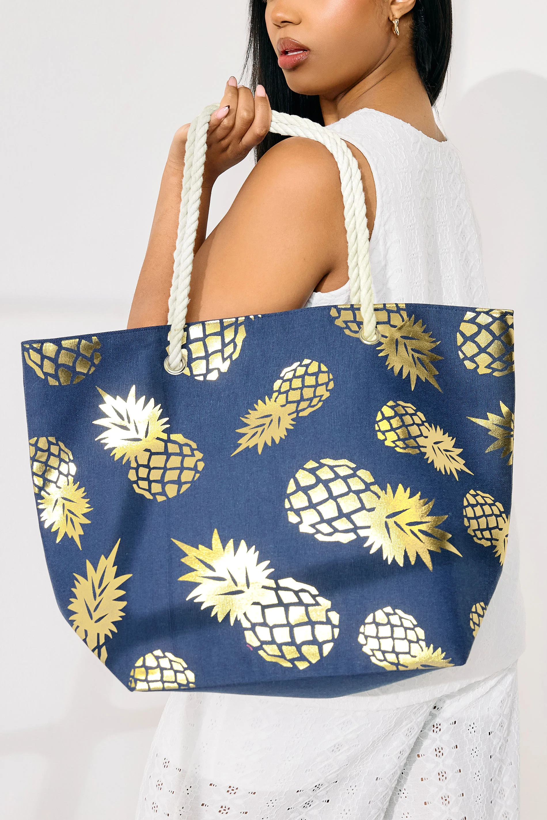 Yours Navy Blue & Gold Pineapple Tote Bag