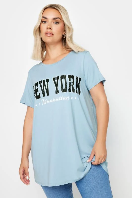 Yours YOURS Curve Blue 'New York' Slogan T-Shirt