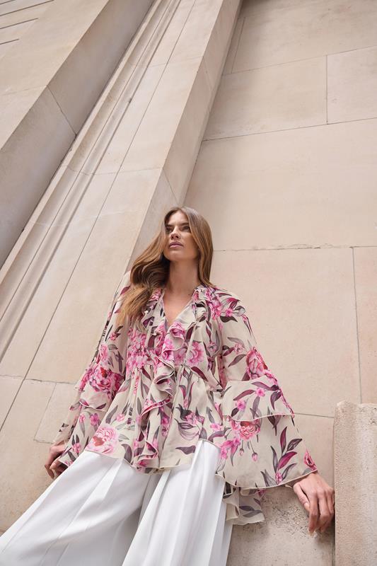 Star by Julien Macdonald STAR Pink Floral Fluted Sleeve Ruffle Blouse