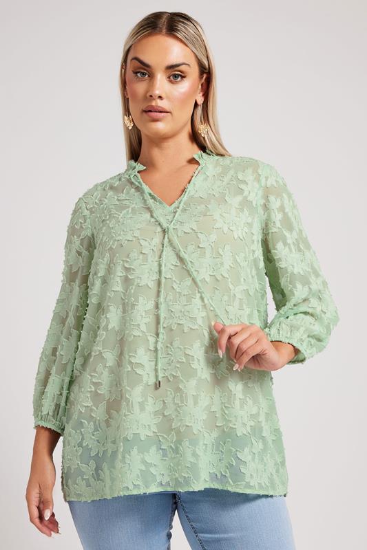 Yours London YOURS LONDON Curve Sage Green Floral Burnout Tie Neck Blouse