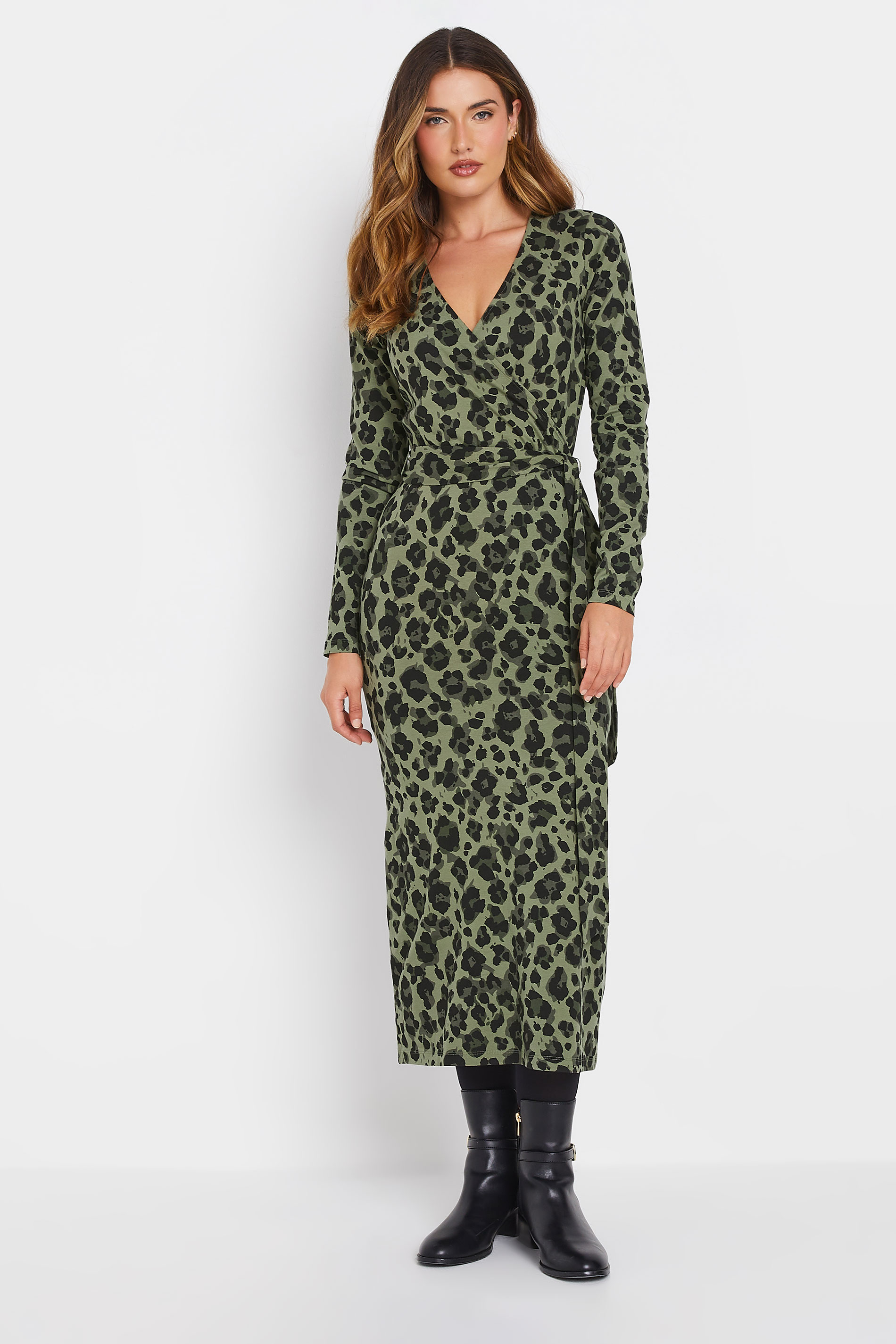 LTS LTS Tall Khaki Green Leopard Print Wrap Dress