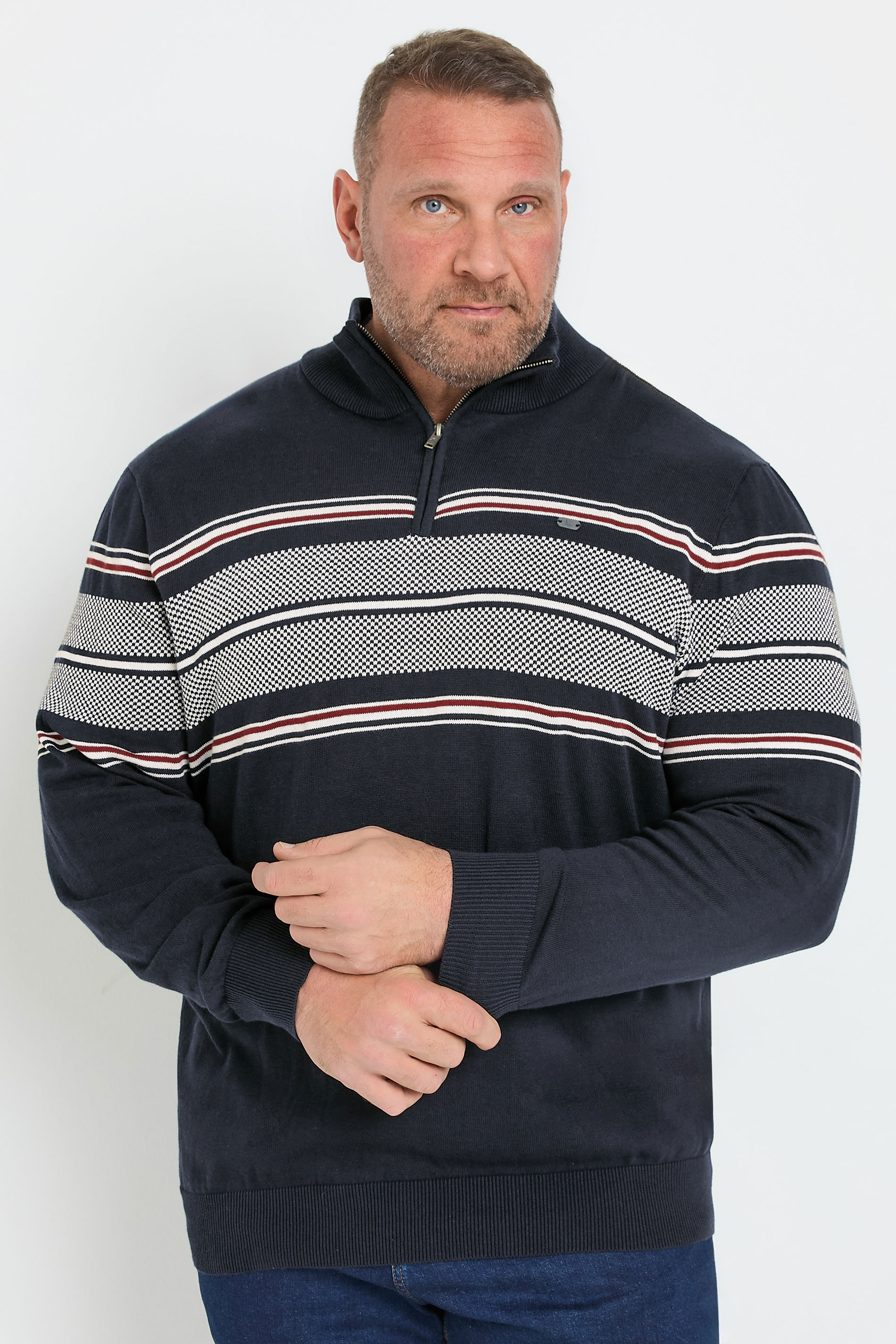 Kam KAM Big & Tall Navy Blue Quarter Zip Stripe Knit Jumper
