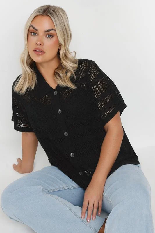 Yours YOURS Curve Black Collared Crochet Knitted Top