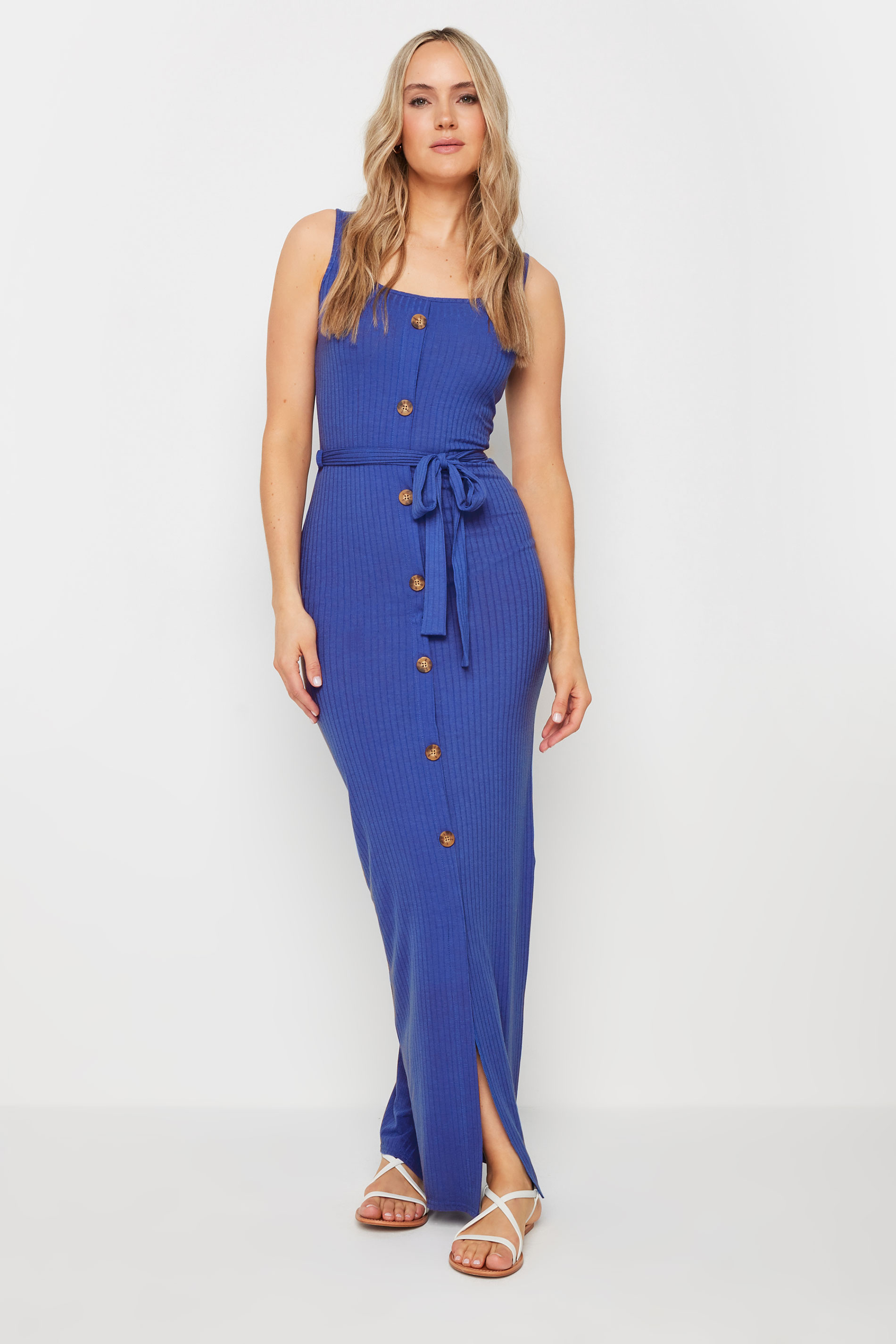 LTS LTS Tall Blue Ribbed Button Through Maxi Dress