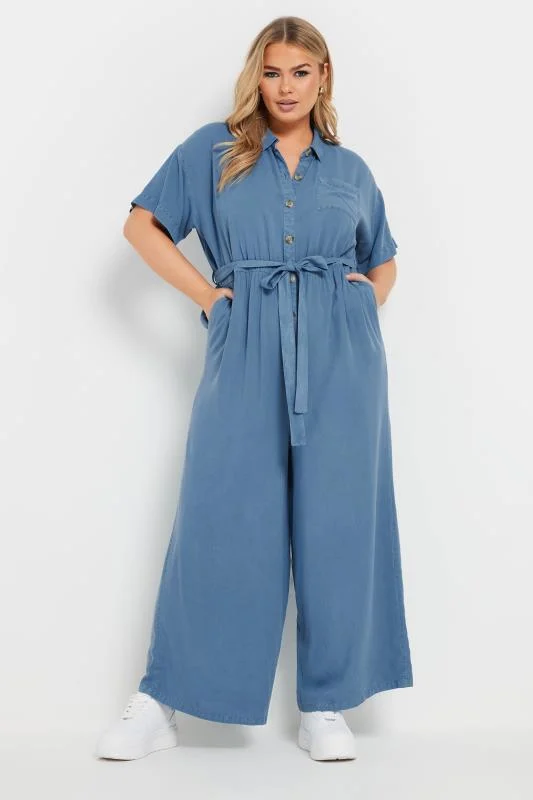 Yours YOURS Curve Blue Wide Leg Chambray Jumpsuit