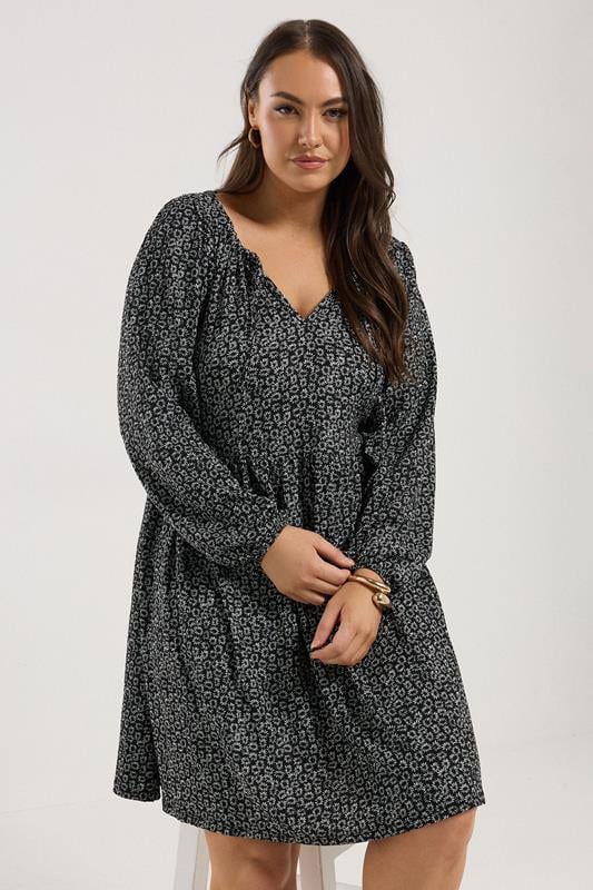 Yours YOURS Curve Black Ditsy Floral Print Textured Midi Dress