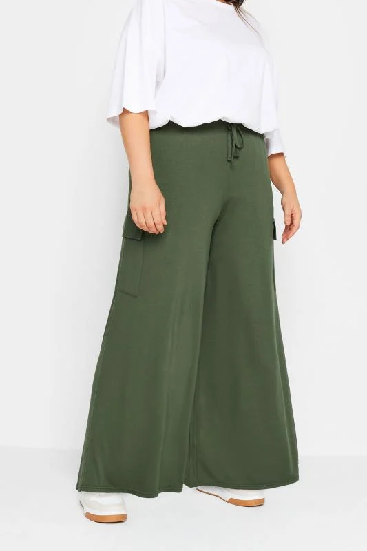 Yours YOURS Curve Khaki Green Jersey Wide Leg Cargo Trousers