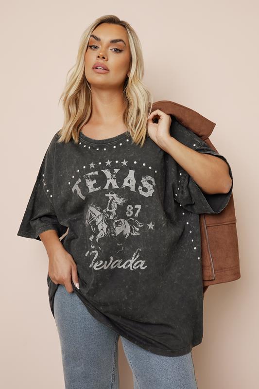 Yours YOURS Curve Charcoal Grey 'Texas' Acid Wash T-Shirt