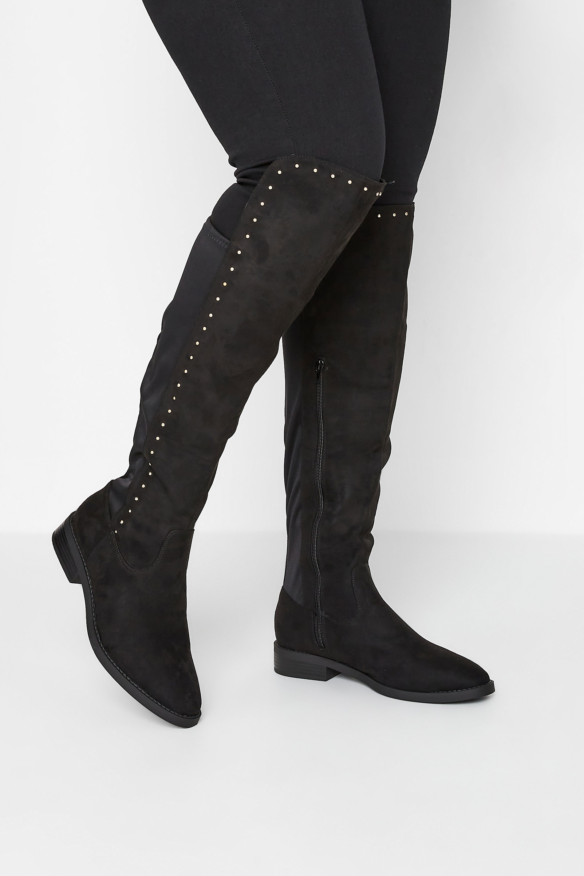 Yours Yours Black Stud Over The Knee Boots In Wide E Fit & Extra Wide EEE Fit