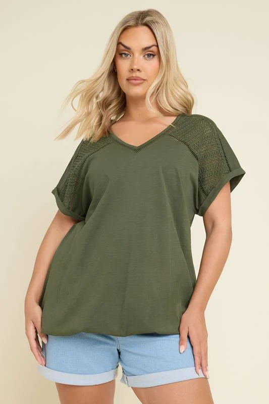 Yours YOURS Curve Khaki Green Crochet Bubble Hem T-Shirt