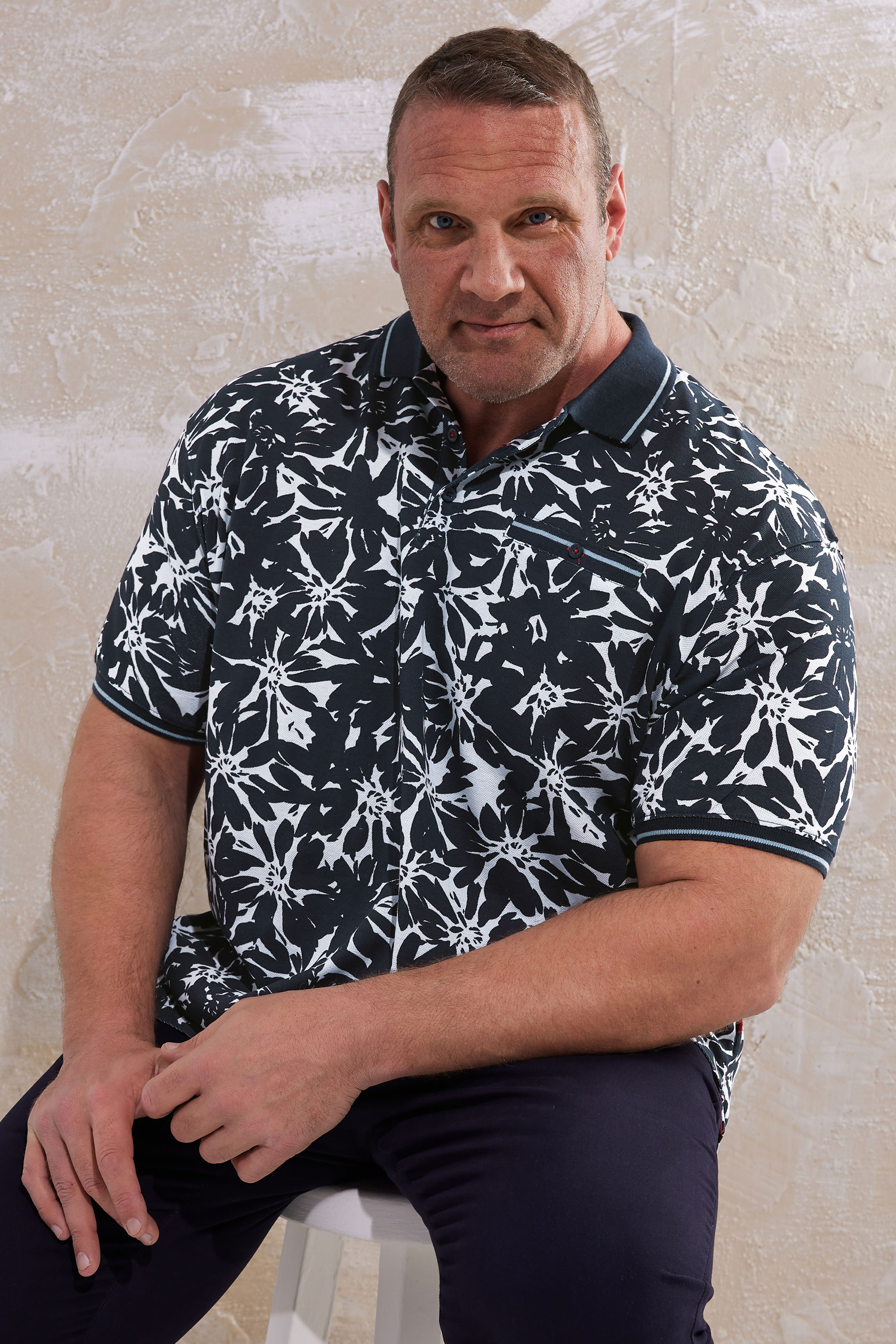 D555 D555 Big & Tall Blue Cotton Hawaiian Print Polo Shirt