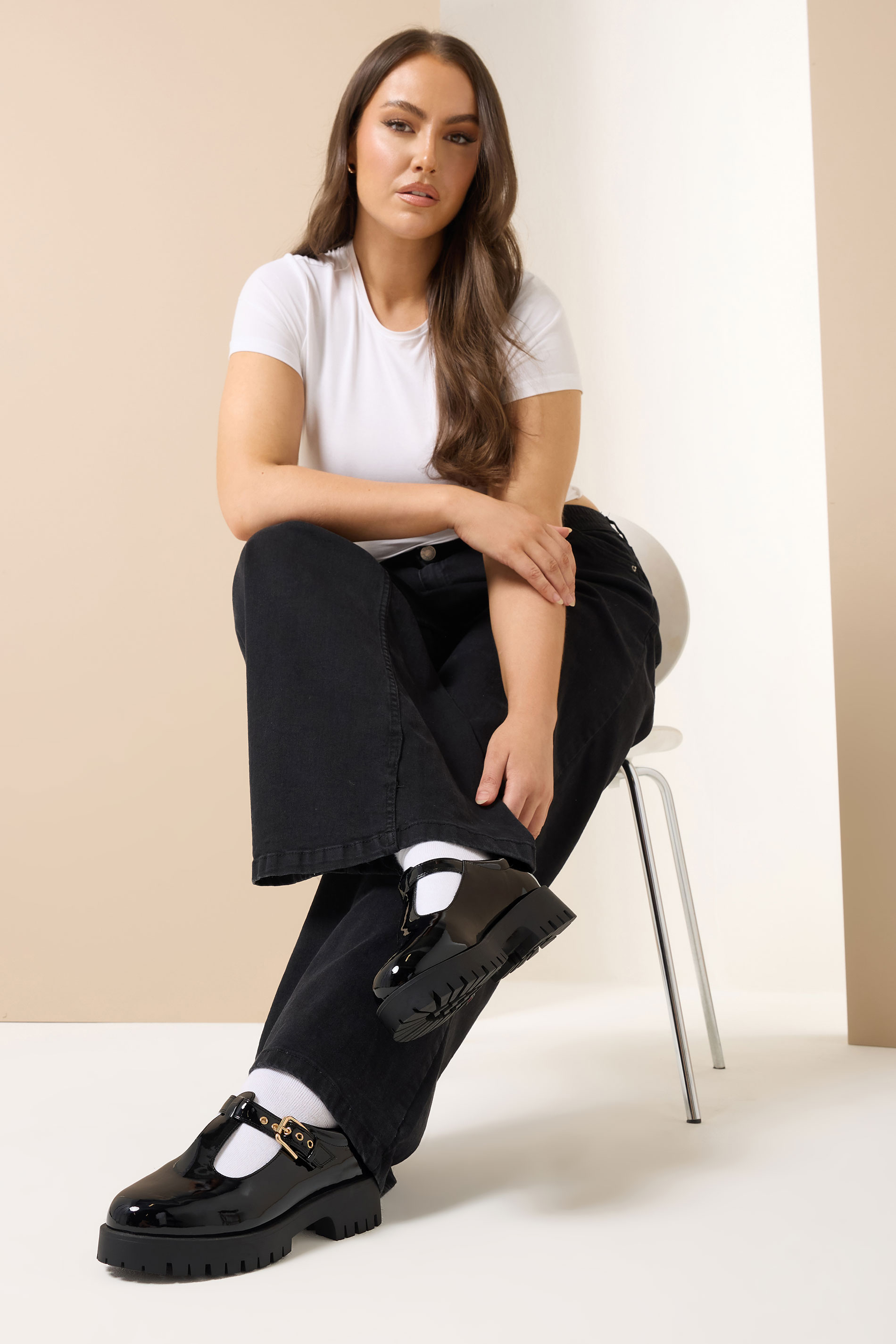 Yours Black Patent Chunky T-Bar Mary Janes In Extra Wide EEE Fit