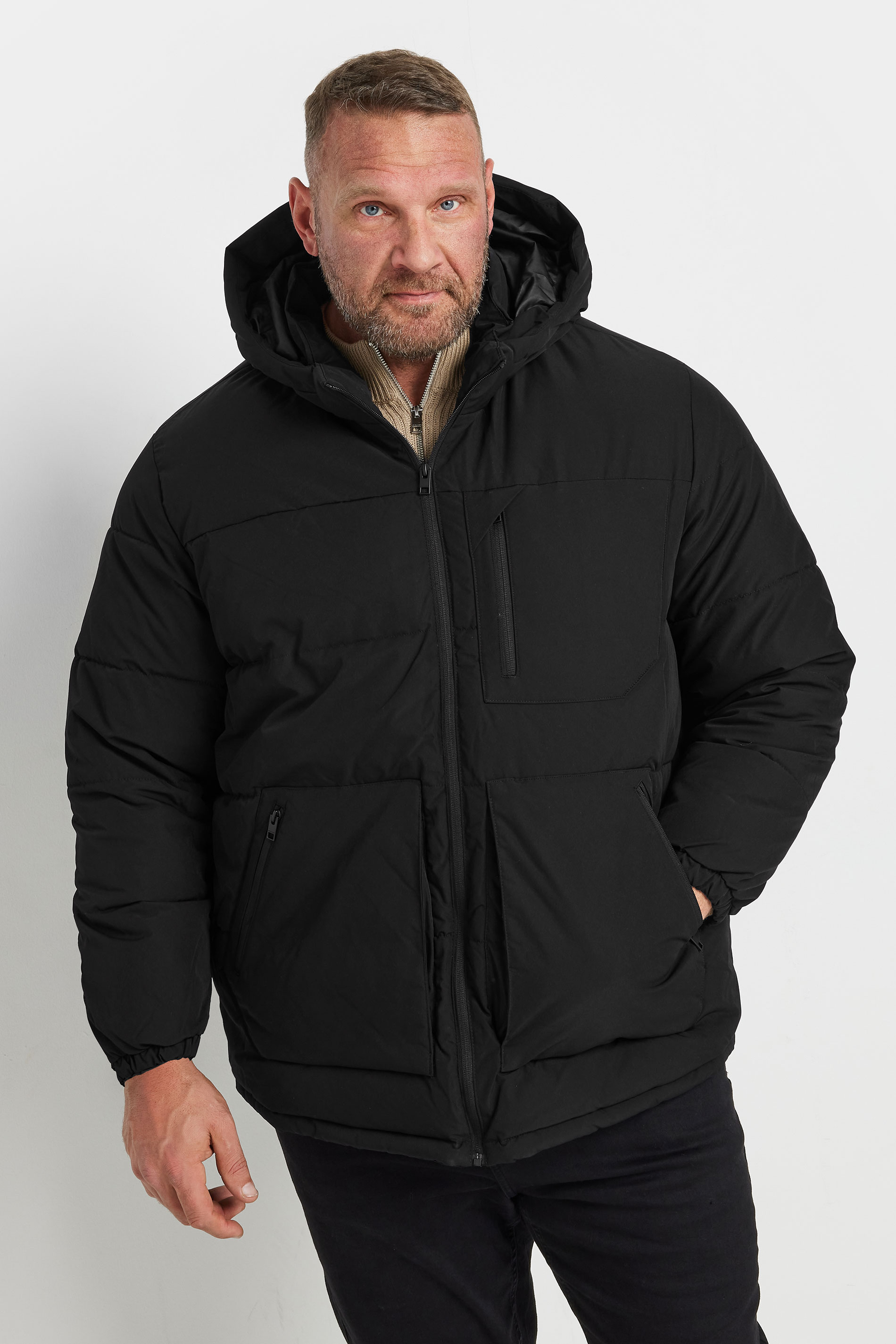 Jack & Jones JACK & JONES Big & Tall Black Hooded Construct Puffer Jacket