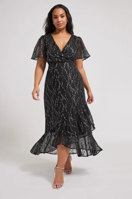 Yours London YOURS LONDON Curve Black & Silver Metallic Dobby Wrap Dress