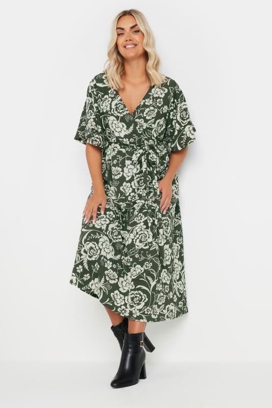 Yours YOURS Curve Khaki Green Floral Print Textured Wrap Dress