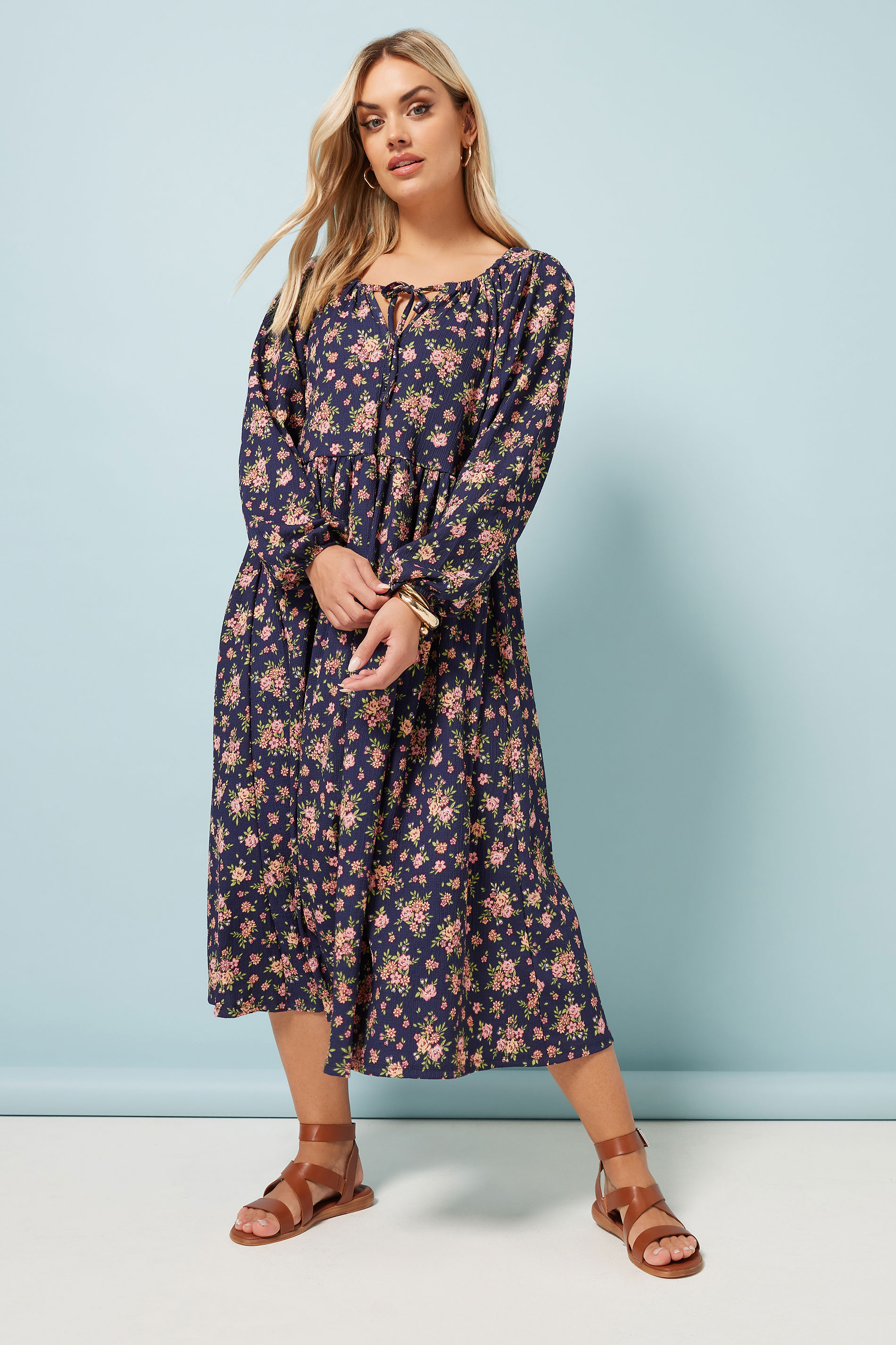 Yours YOURS Curve Navy Blue Floral Print Textured Midaxi Dress