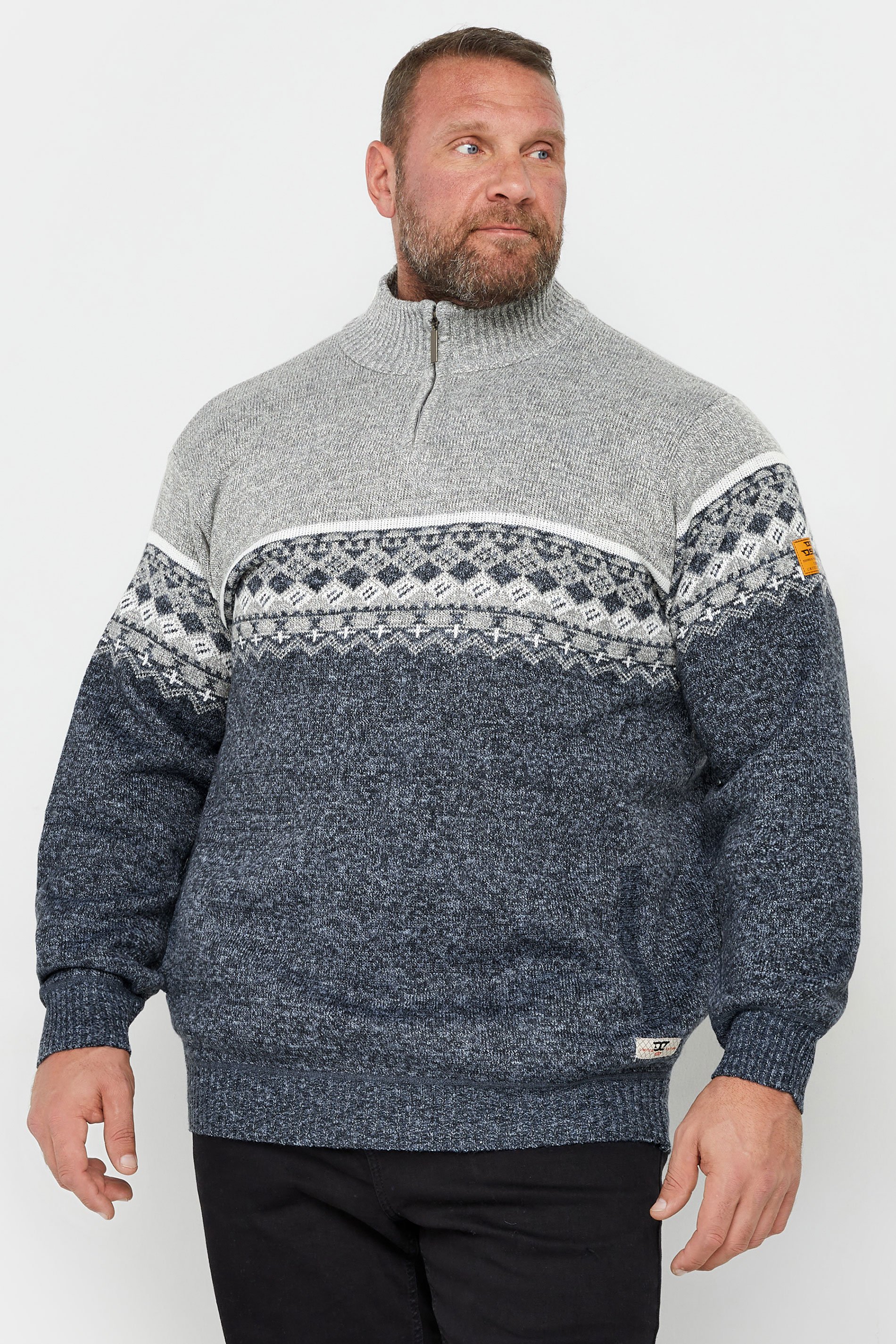 D555 D555 Big & Tall Blue Quarter Zip Fairisle Knit Jumper