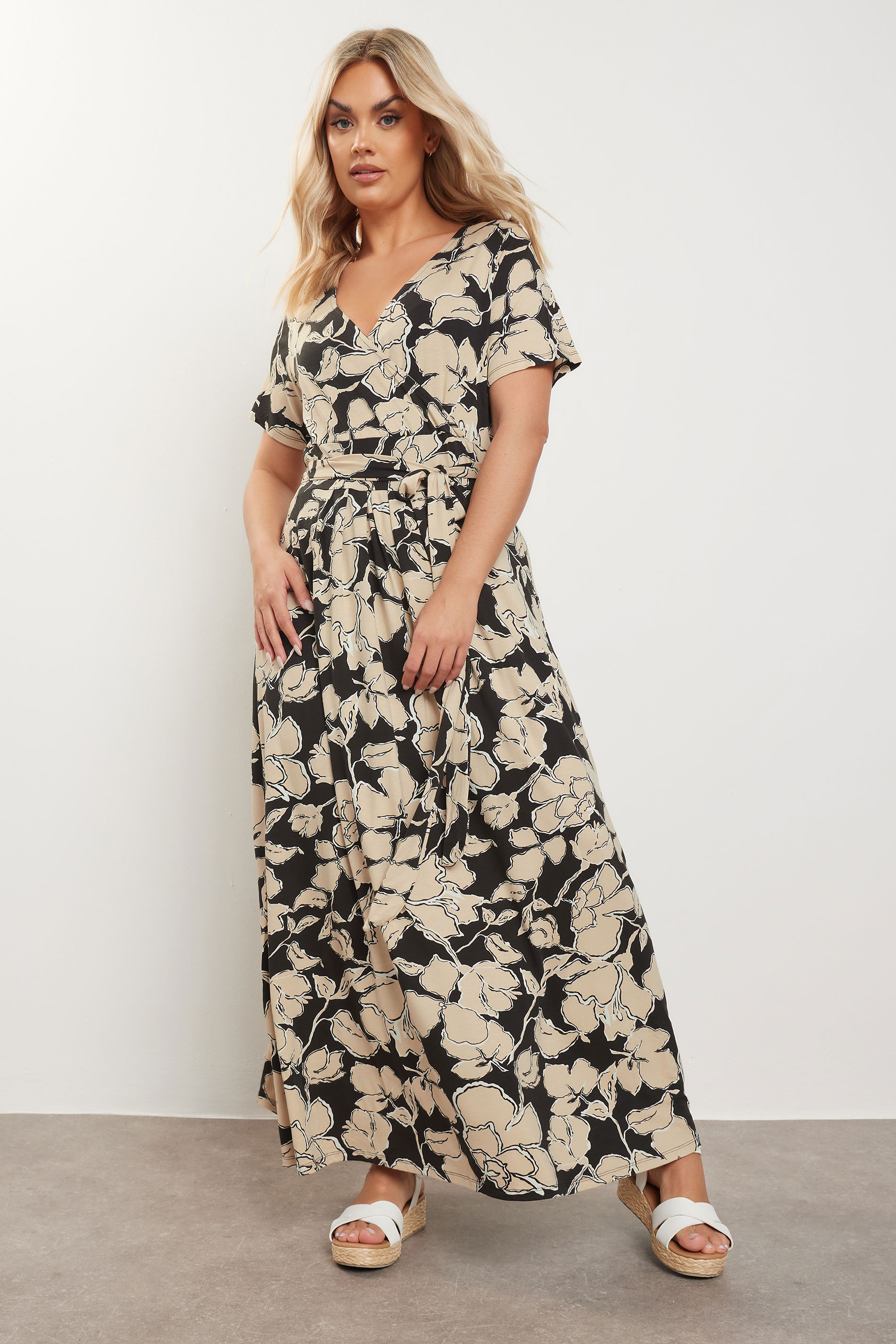 Yours YOURS Curve Black & Beige Brown Floral Wrap Front Tie Maxi Dress