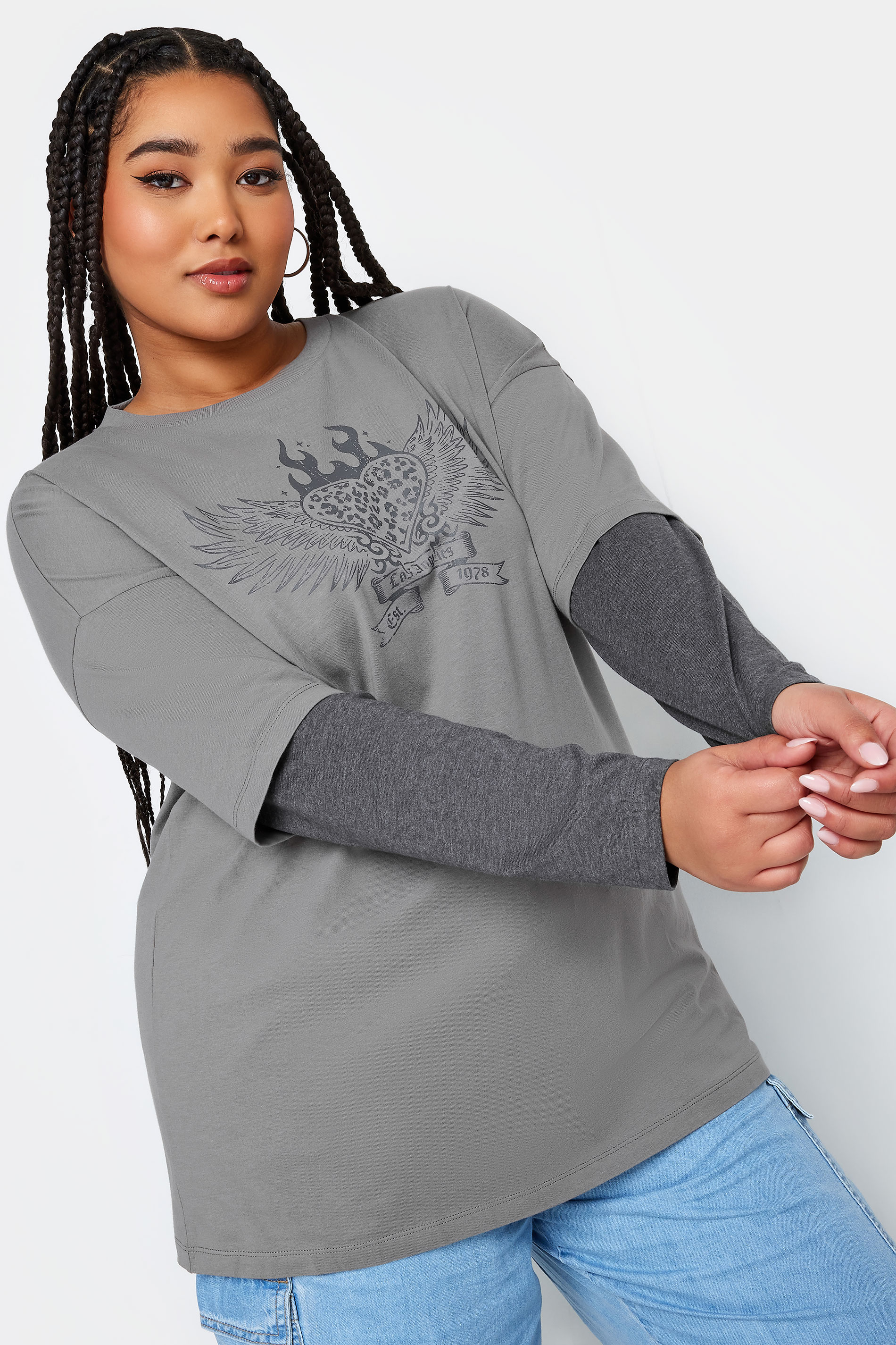 Yours YOURS Curve Grey 2 In 1 Flame Heart Print Top