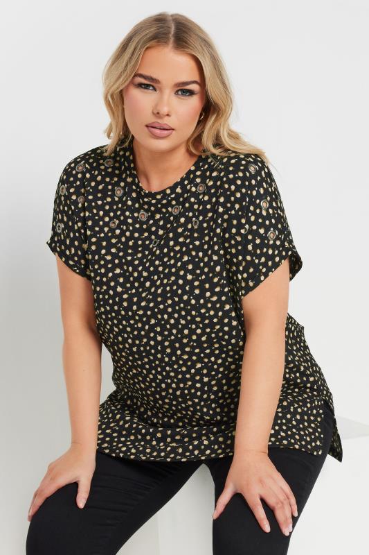 Yours YOURS Curve Black Spot Print Textured Eyelet Top