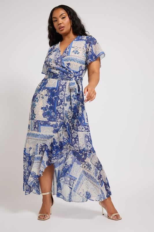 Yours London YOURS LONDON Curve Blue Scarf Print Ruffle Wrap Dress