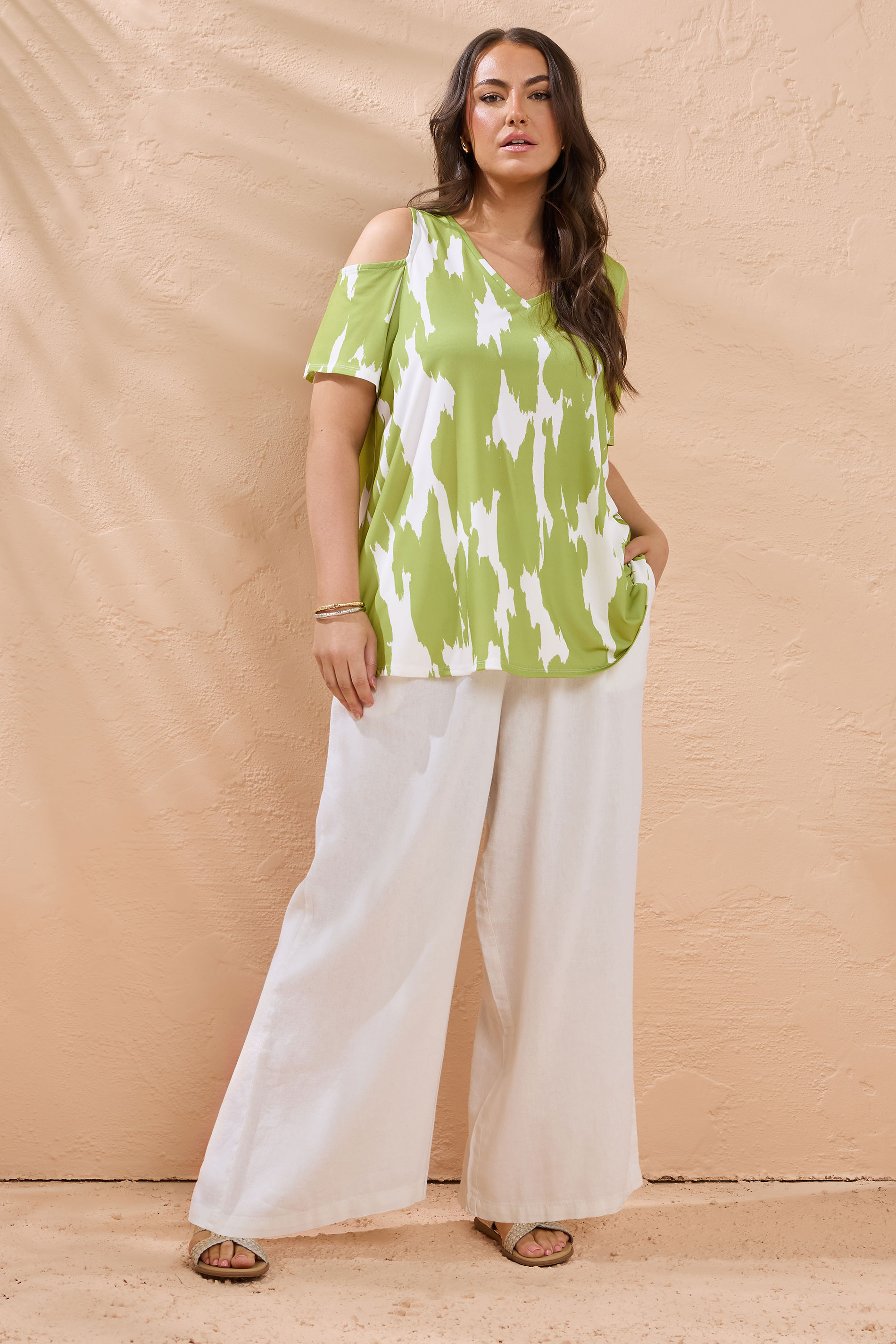 Evans EVANS Curve Green Abstract Print Cold Shoulder Top