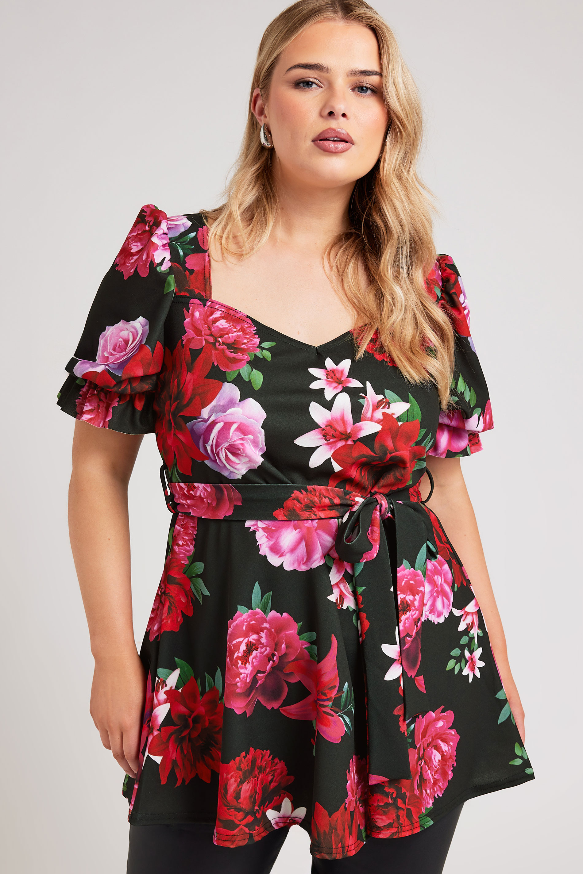 Yours London YOURS LONDON Curve Black & Pink Floral Print Peplum Top