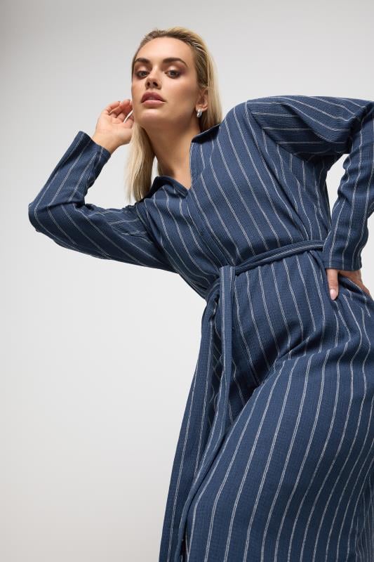 Yours YOURS Curve Navy Blue Textured Pinstripe Midi Dress