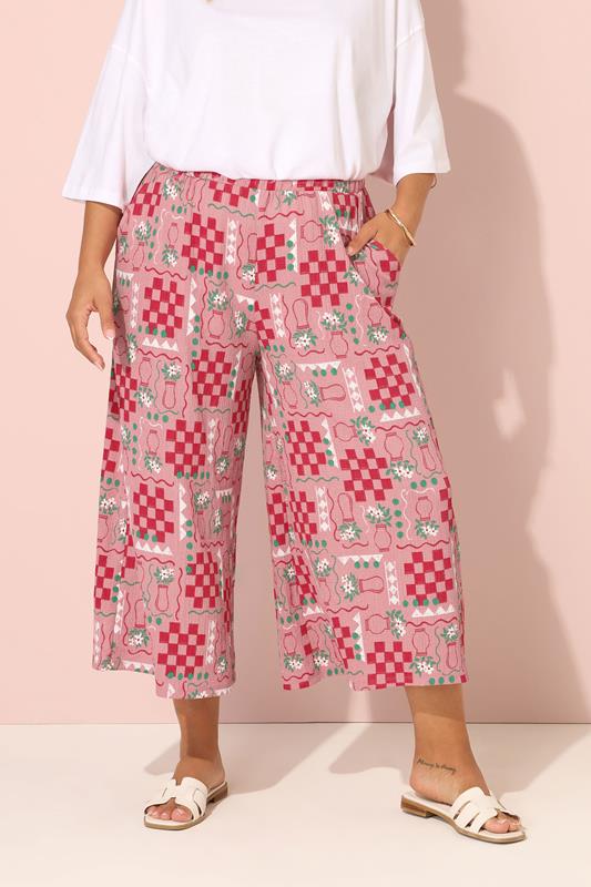 Yours YOURS Curve Pink Floral Check Crinkle Midaxi Culottes