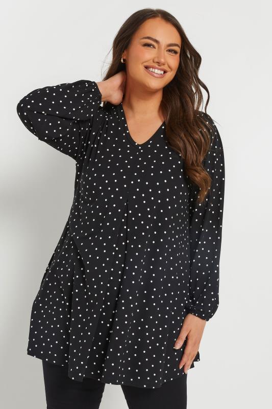 Yours YOURS Curve Black Spot Print Pleated Swing Top