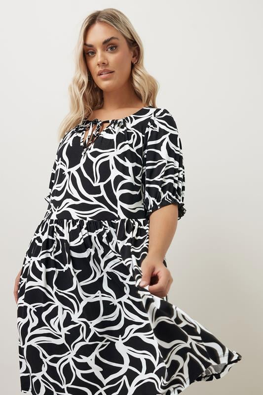 Yours YOURS Curve Black Abstract Print Tie Neck Midi Dress