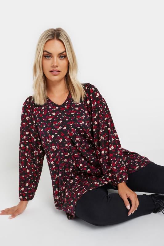 Yours YOURS Curve Burgundy Red Ditsy Floral Swing Top