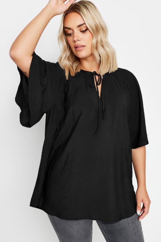 Yours YOURS Curve Black Tie Neck Angel Sleeve Blouse
