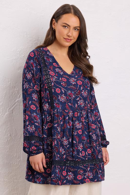 Evans EVANS Curve Blue & Red Crochet Trim Top