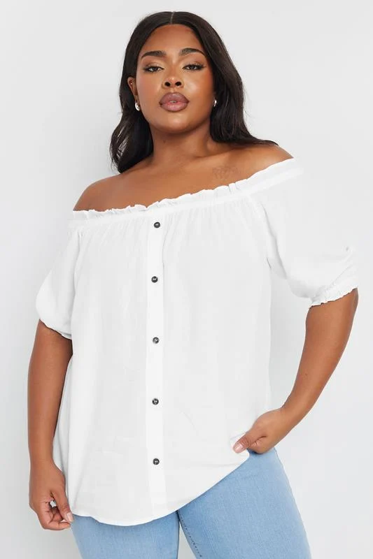 Yours YOURS Curve White Chambray Button Detail Bardot Top
