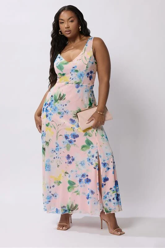 Yours London YOURS LONDON Curve Pink Mesh Floral Print Sleeveless Maxi Dress