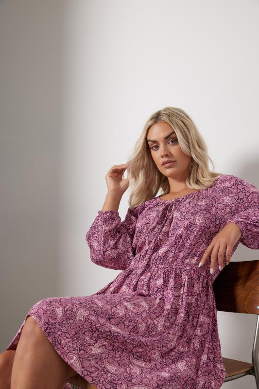 Yours YOURS Curve Pink Paisley Crinkle Tie Neck Tunic Dress