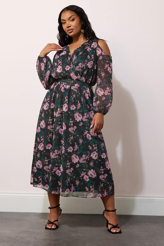 Yours London YOURS LONDON Curve Black Floral Print Cold Shoulder Dress