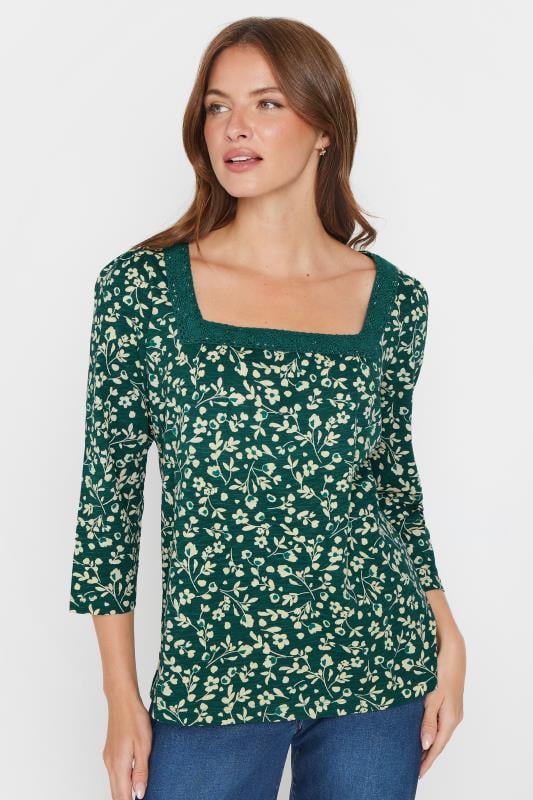 M&Co Womens M&Co Teal Blue Floral Print Cotton Square Neck T-Shirt
