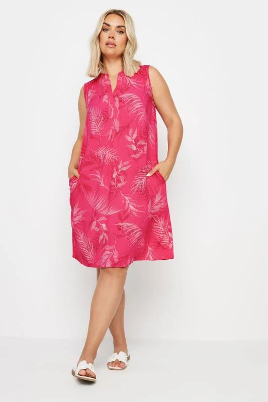 Yours YOURS Curve Pink Leaf Print Pocket Dress