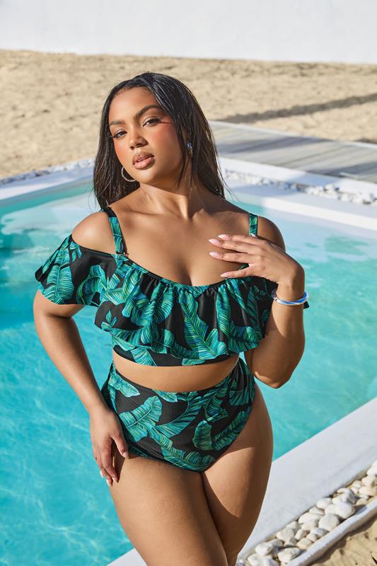 Yours YOURS Curve Green Leaf Print Bardot Frill Bikini Top