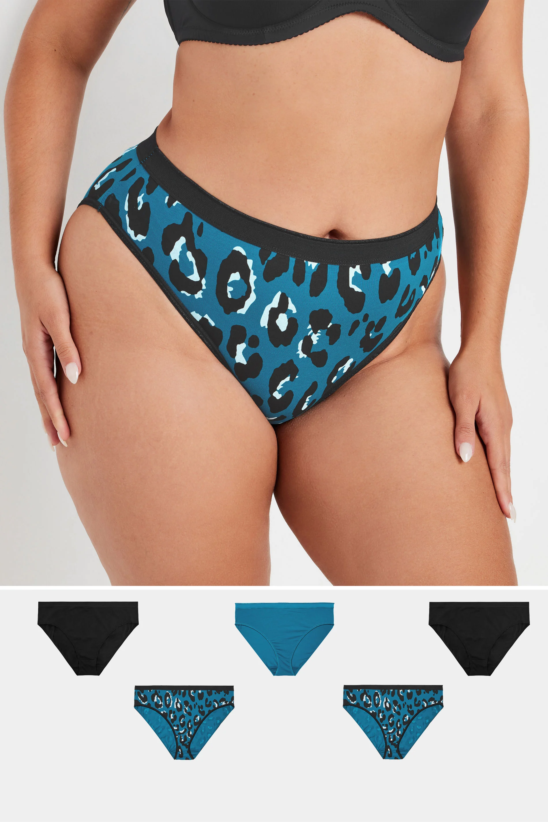 Yours YOURS Curve 5 PACK Blue Leopard Print High Leg Knickers