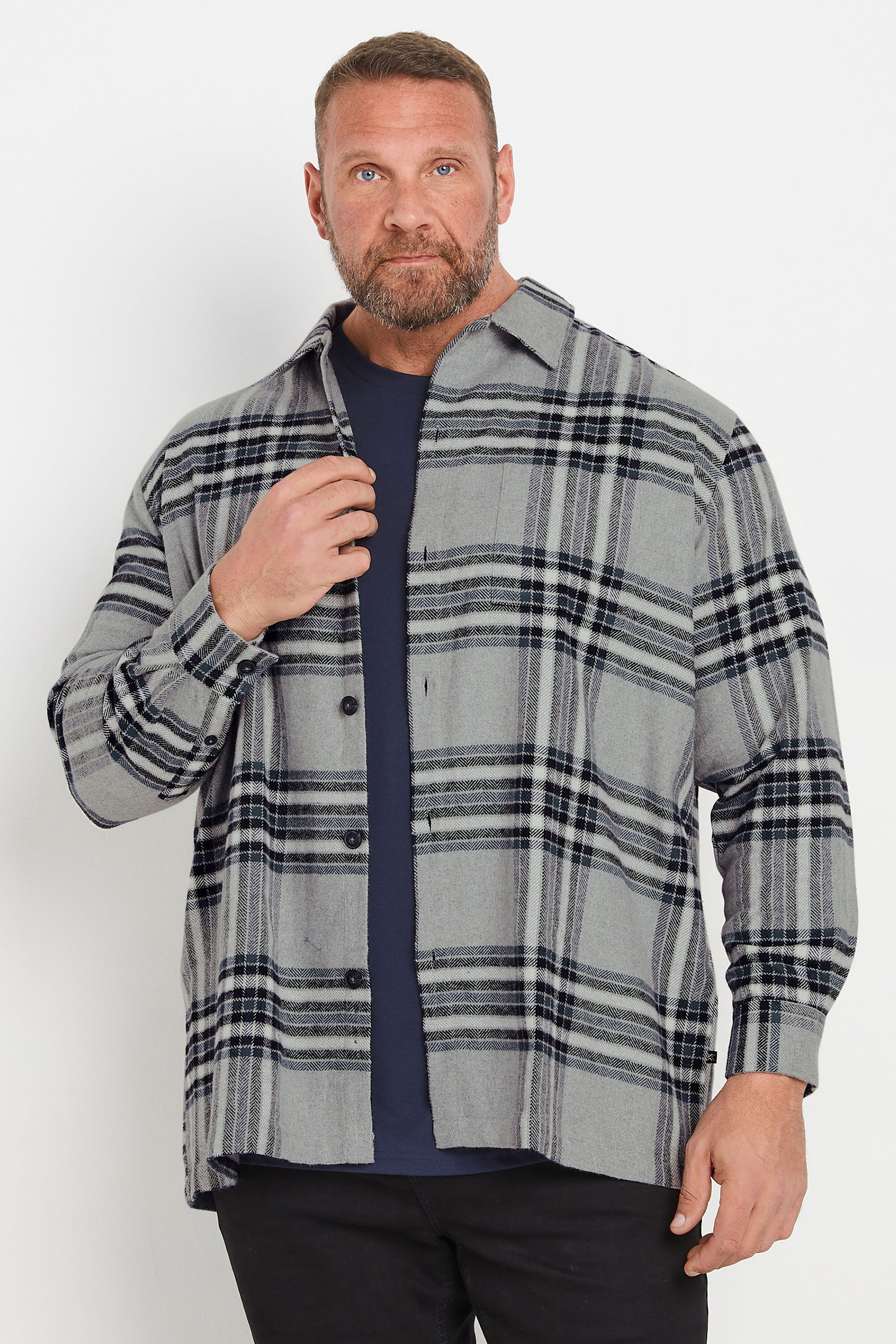 Kam KAM Big & Tall Silver Brushed Cotton Checked Overshirt