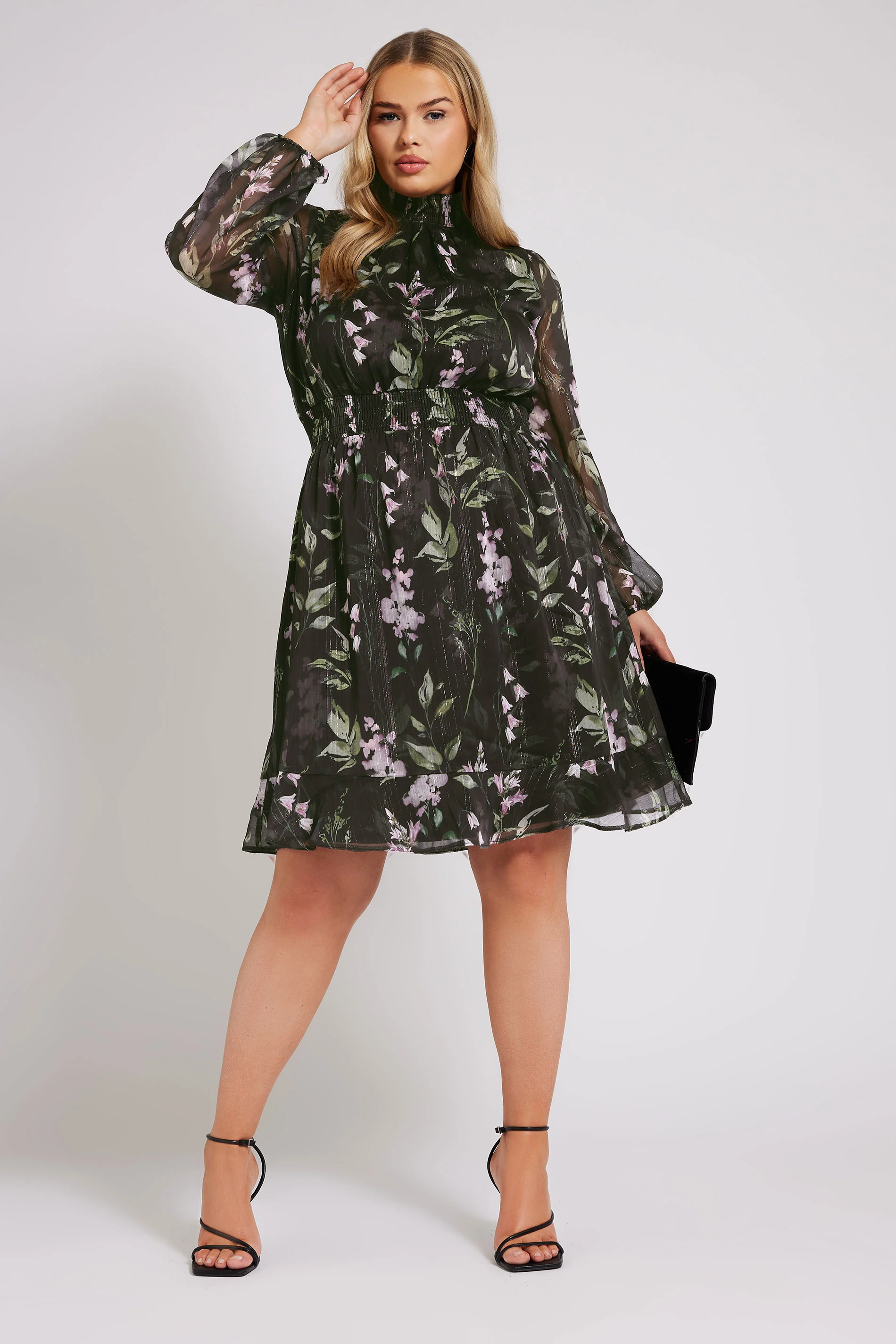 Yours London YOURS LONDON Curve Black Floral Print Metallic Collared Dress